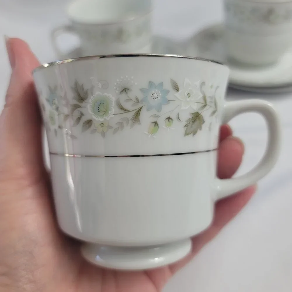 FOUR Imperial China Wild Flower Cup & Saucer Sets Green Blue & White Flowers
